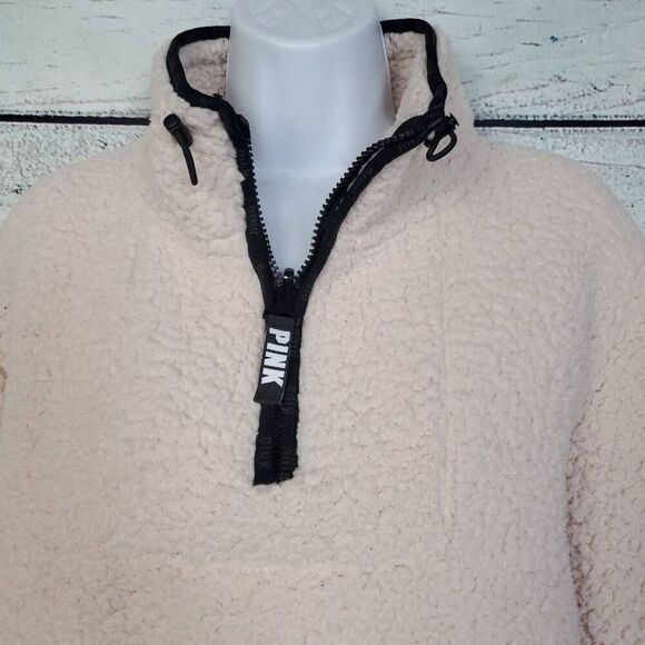 Victoria’s Secret PINK Sherpa Quarter Zip Pullover Small Cream Fleece Cozy Warm - Picture 2 of 7